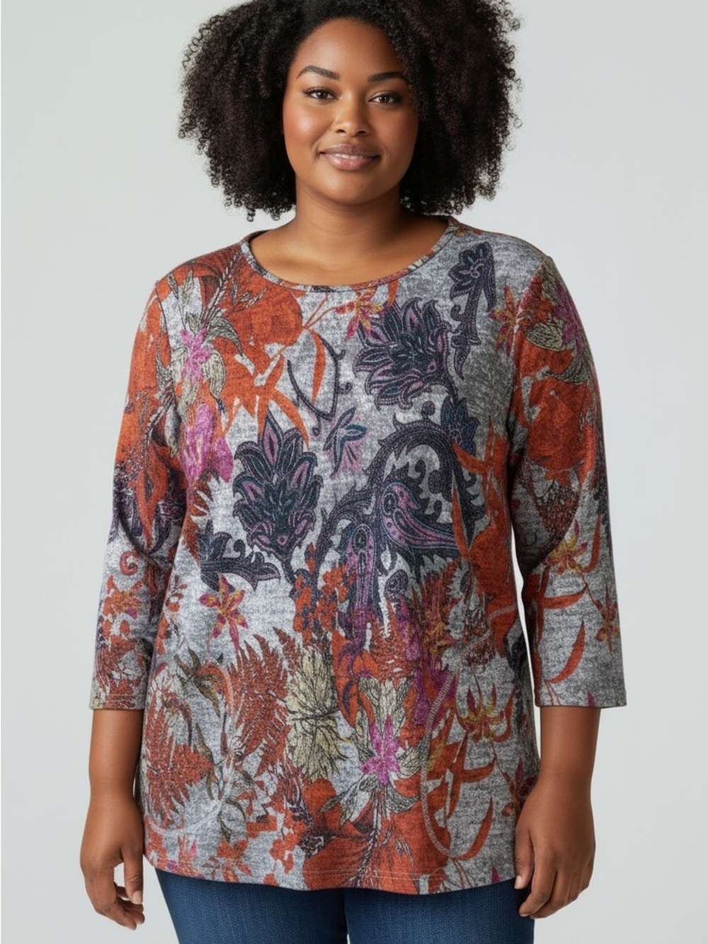 Papillon Blanc  Rust, Gray and Purple Paisley Floral Long Sleeve Top, Pockets
